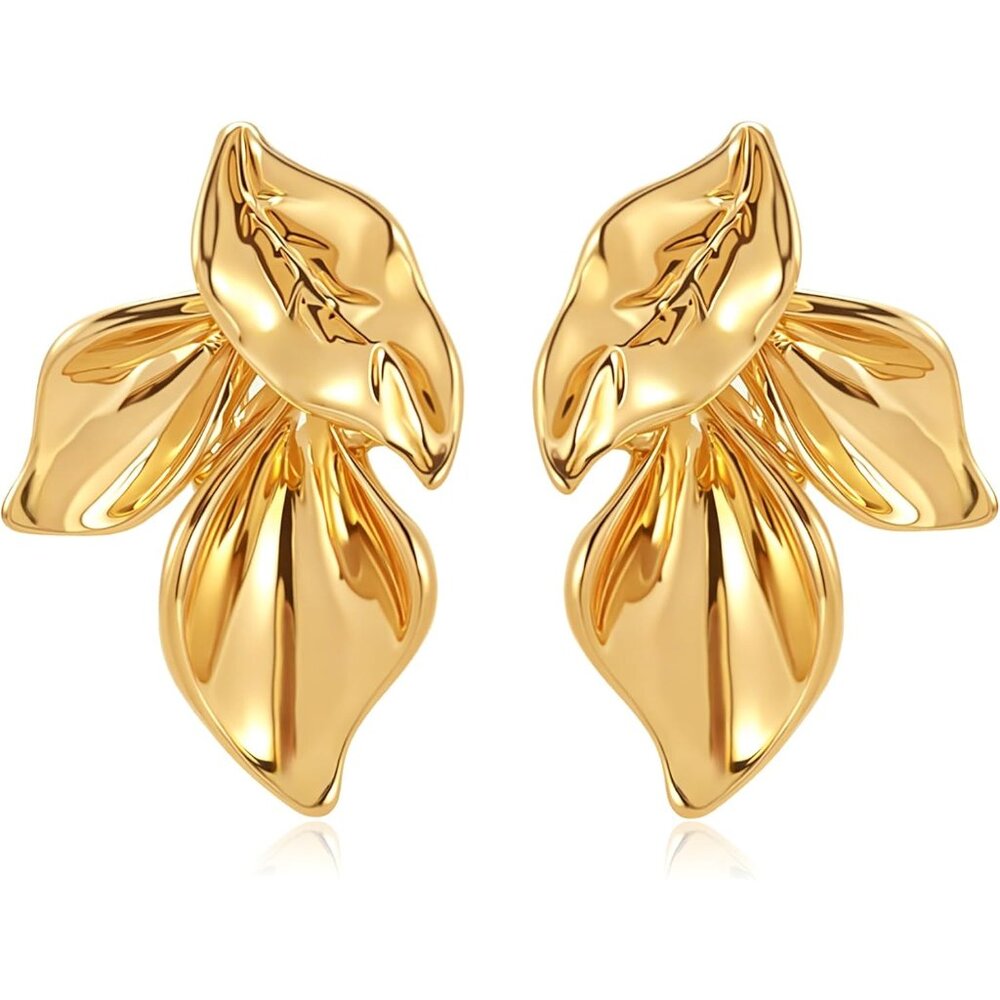 Gold Statement Leaf Earrings for Women – 14K Gold Plated Large Geometric Flower